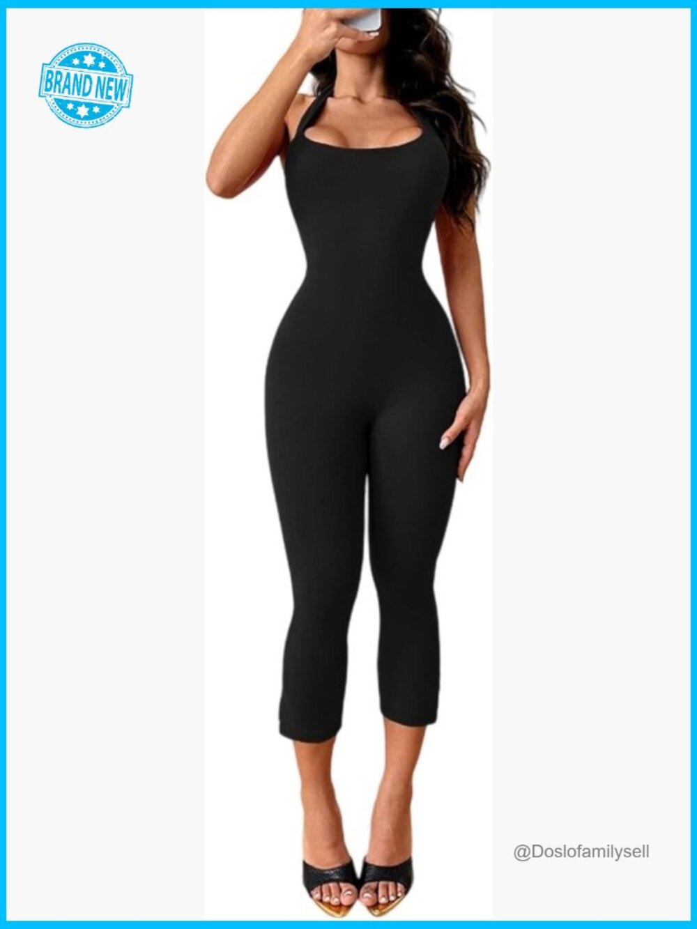 Bodycon Halter Neck Jumpsuit Stretchy Sleeveless Capri Romper Y2K Clubwear
